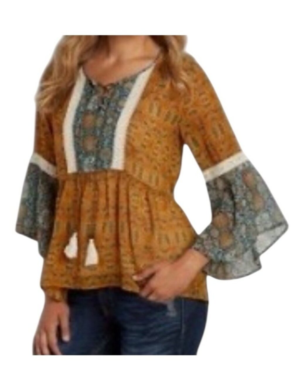 Maurices Gold Floral Bell Sleeve Tasseled Boho Southwestern Hippie Blouse Sz 1X